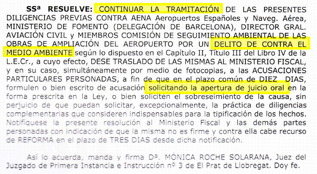 Aute del Jutjat 3 del Prat de Llobregat pel que la querella criminal presentada contra els reponsables de la posada en servei de la tercera pista de l'aeroport de Barcelona-El Prat segueix endavant (25 de Març de 2010)